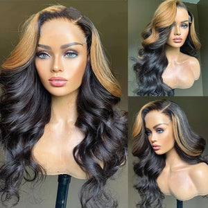 100% Human Hair Wig Natural Color With #27 Blonde Color Root Body Wave Wig
